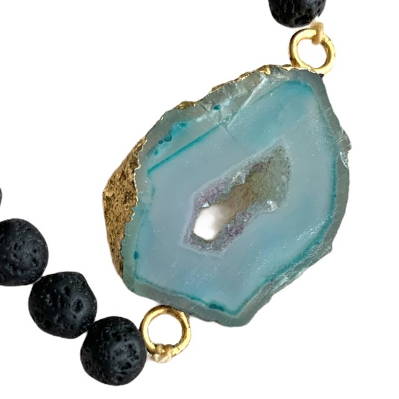 Blue Geode Slice Bracelet with Black Lava Beads Handmade Original - Picture 3 of 5